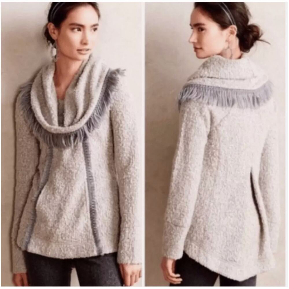 Anthropologie Angel of the North Sweater Boucle Fringe Cowl Neck Gray Large